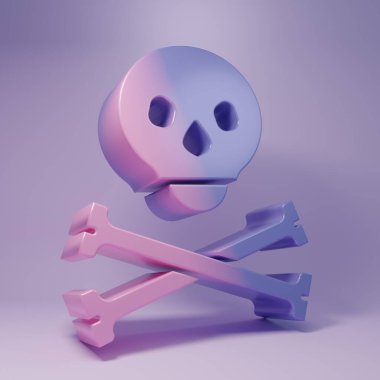 Mor arka planda izole edilmiş çapraz kemik ikonunda Mor Kafatası. Mutlu Cadılar Bayramı Partisi. Minimalizm kavramı. 3 Boyutlu resimleme.