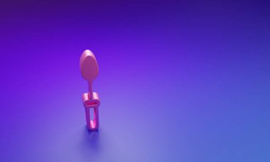Mor-mavi arkaplanda izole edilmiş pembe çay kaşığı ikonu. Mutfak aletleri. Çatal bıçak seti. Minimalizm kavramı. 3 Boyutlu resimleme.