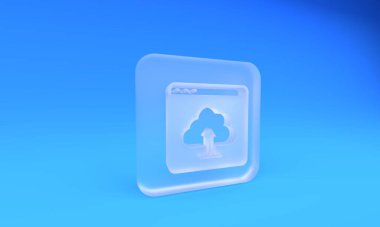 Donmuş cam bulut yükleme simgesi mavi arkaplanda izole edildi. Kare buzlu cam düğme. 3 Boyutlu resimleme.