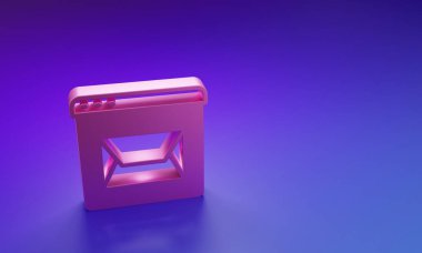 Pembe web sitesi ve zarf, yeni mesaj, mor-mavi arka planda izole edilmiş posta simgesi. E-posta bültenleri, başlıklar, blog yazıları için kullanım. Minimalizm kavramı. 3 Boyutlu resimleme.