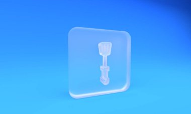 Mavi arka planda izole edilmiş buzlu cam Spatula ikonu. Mutfak spatula ikonu. Barbekü spatula işareti. Barbekü ve ızgara aleti. Kare buzlu cam düğme. 3 Boyutlu resimleme.