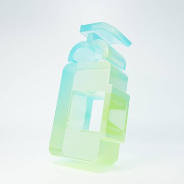 Frosted glass Bottle of liquid antibacterial soap with dispenser icon isolated on white background. Antiseptic. Disinfection, hygiene, skin care. Minimalism concept. 3D render illustration.