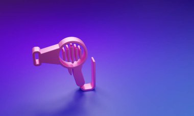Mor-mavi arkaplanda pembe saç kurutma ikonu var. Saç kurutma makinesi tabelası. Saç kurutma sembolü. Sıcak hava üflüyor. Minimalizm kavramı. 3 Boyutlu resimleme.