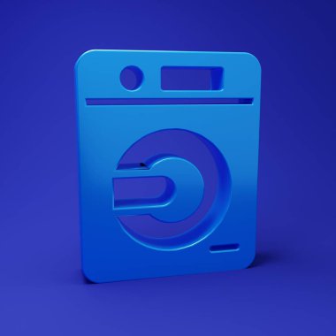 Mavi Yıkama simgesi mavi arkaplanda izole edildi. Çamaşır makinesi simgesi. Çamaşır makinesi, çamaşır makinesi. Ev aletleri sembolü. Minimalizm kavramı. 3 Boyutlu resimleme.