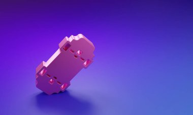 Mor-mavi arka planda izole edilmiş pembe kaykay simgesi. Olağanüstü bir spor. Spor malzemeleri. Minimalizm kavramı. 3 Boyutlu resimleme.