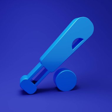 Mavi arka planda top ikonu olan mavi beyzbol sopası. Minimalizm kavramı. 3 Boyutlu resimleme.