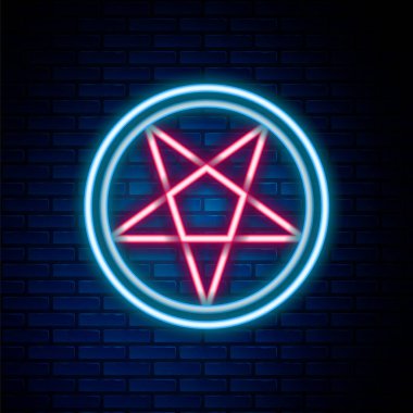 Duvarın arka planında izole edilmiş bir daire simgesinde parlayan neon çizgisi pentagram. Sihirli okült yıldız sembolü. Renkli taslak konsepti. Vektör.