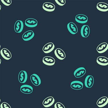 Dolar sembollü yeşil ve bej sikke parası mavi arkaplanda izole edilmiş kusursuz desen. Bankacılık işareti. Para sembolü. Vektör.