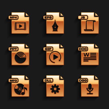 GIF dosya belgesi DLL OGG DOC MP3 PPT JS ve MP4 simgesini ayarla. Vektör.