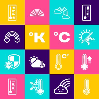 Meteoroloji termometresi güneşi ve kar tanesi gökkuşağını Kelvin kalbi ve Celsius ikonu ile ayarla. Vektör.