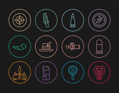 Ayı başını kalkan kurşun avcısı şapkasına koy. Tüylü, av boynuzu, optik nişancı görüşü ve av tüfeği ikonu olsun. Vektör.