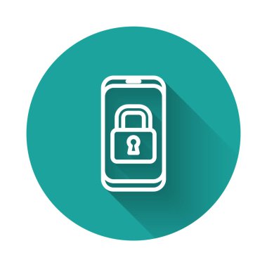 Kapalı asma kilit simgesine sahip beyaz çizgi akıllı telefon uzun gölgeli izole edilmiş. Kilitli telefon. Gezici güvenlik, güvenlik, koruma konsepti. Yeşil daire düğmesi. Vektör.