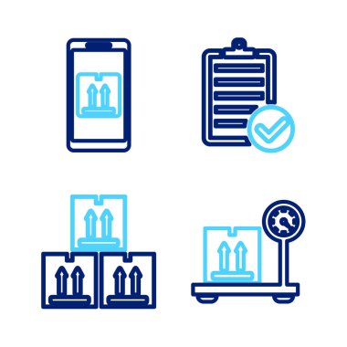 Satır Ölçeklemesini karton kutu karton trafik doğrulaması ve mobil uygulama izleme simgesi ile ayarla. Vektör.