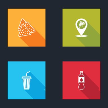 Nachos, dilimlenmiş pizza, cam su ve bir şişe ikon hazırla. Vektör.