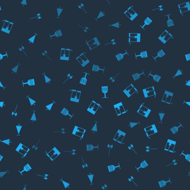 Ortaçağ baltasını kovayla, kadehle ve bayrakla kusursuz bir şekilde yerleştirin. Vektör.