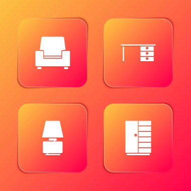 Koltuğu, ofis masasını, masa lambasını ve kostüm ikonunu hazırla. Vektör.