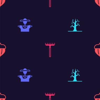 Çıplak Ağaç Korkuluğu Bahçesi tırmığı ve Palamut desenini kusursuz bir şekilde ayarla. Vektör.