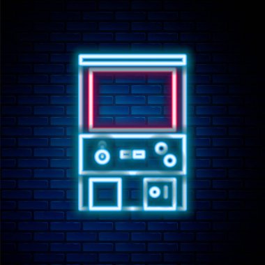 Parlayan neon hattı Retro oyun makinesi simgesi tuğla duvar arka planında izole edildi. Renkli taslak konsepti. Vektör.