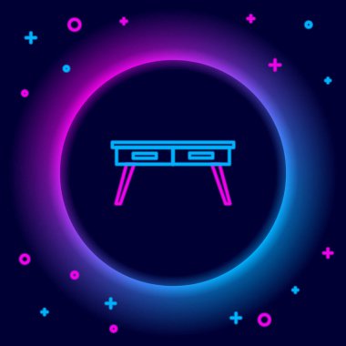 Parlayan neon hattı ofis masa simgesi siyah arkaplanda izole edildi. Renkli taslak konsepti. Vektör.