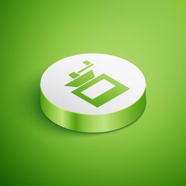 Yeşil arka planda izole edilmiş Isometric Manuel kahve öğütücü ikonu. Beyaz daire düğmesi. Vektör.