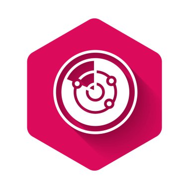 Hedefleri olan beyaz Radar, uzun gölge arkaplanı olan izole edilmiş bir simge arıyor. Arama sistemi. Donanma sonarı. Pembe altıgen düğmesi. Vektör.