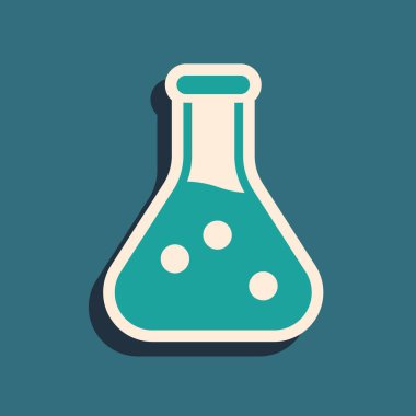 Yeşil test tüpü ve kimyasal test ikonu yeşil arka planda izole edildi. Laboratuvar cam levhası. Uzun gölge tarzı. Vektör.