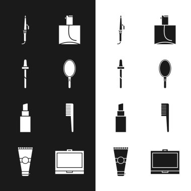 El aynası Pipette Curling, parfüm, saç fırçası, makyaj pudrası ve losyon kozmetik tüp ikonu hazırla. Vektör.