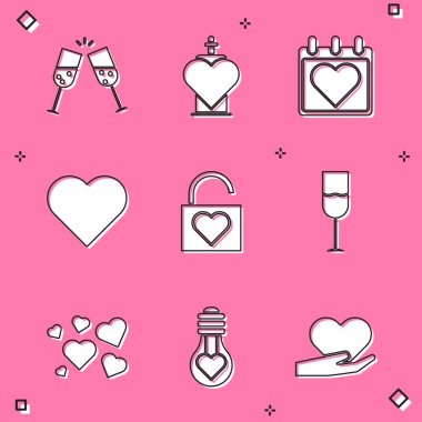 Şampanya şişesini aşk iksiriyle hazırla. Takvim kalp kilidi, şarap kadehi ve şekil ampul ikonu. Vektör.