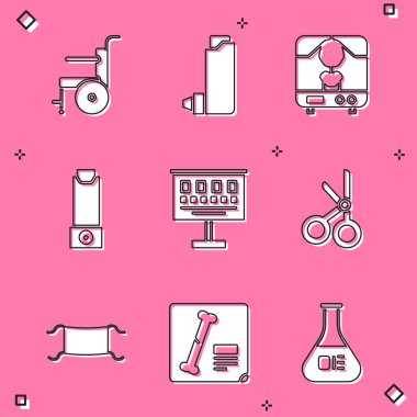 Tekerlekli sandalyeyi engelli kişi için ayarla. Spreyin X-ışını makinesi, göz testi, tıbbi makas koruyucu maske ve aşı ikonu. Vektör.