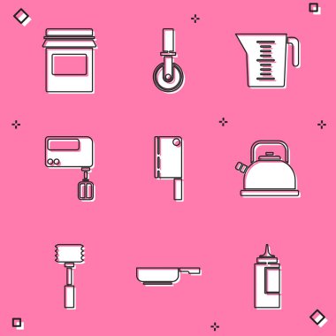 Reçel kavanozu pizza bıçağı ölçme kabı elektrikli karıştırıcı et ısıtıcısı, mutfak çekici ve kızartma tavası ikonu ile ısıt. Vektör.