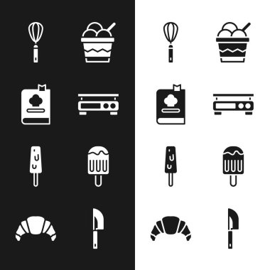 Elektronik ölçekli Mutfak Mutfağı çırpma Dondurması 'nı kase bıçağı ve kruvasan ikonuna koyun. Vektör.
