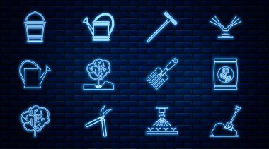 Gübre torbası, bahçe, ağaç dikme, kova çatalı ve ikon. Vektör.