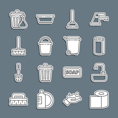 Tuvalet kâğıdı rulo lavabo kağıdını su havlusuyla yıkama pompası süpürge sapı çöp poşeti ve ikon ile ayarla. Vektör.