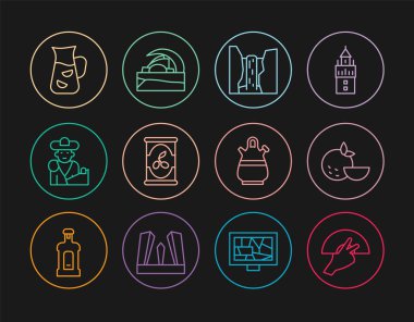 Fan Flamenko Orange Meyveli Algar Şelalesi Zeytinleri Matador Sangria sürahisi ve Tenerife Konser Salonu ikonunda. Vektör.