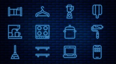 Mobil Uygulamalar Mobil Fırça Fırçası Blender Gaz Kahve Makinası Yatak Pişirme Tenceresi ve Askı gardırop ikonu. Vektör.