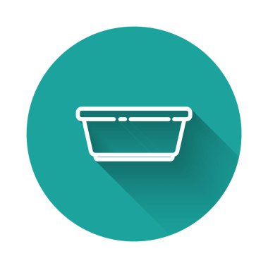 Beyaz çizgi plastik leğen simgesi uzun gölgeli izole edilmiş. Sulu kase. Çamaşır yıkama, temizlik malzemeleri. Yeşil daire düğmesi. Vektör İllüstrasyonu.