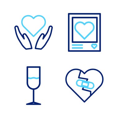 Kırık kalbi iyileştiren çizgiler, cam çerçeveler, kalpler ve Heart el ikonu. Vektör.