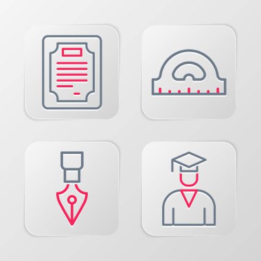 Mezuniyet ve mezuniyet kapağı dolma kalem ucu eklentisi ızgarası ve sertifika şablon simgesini ayarla. Vektör.