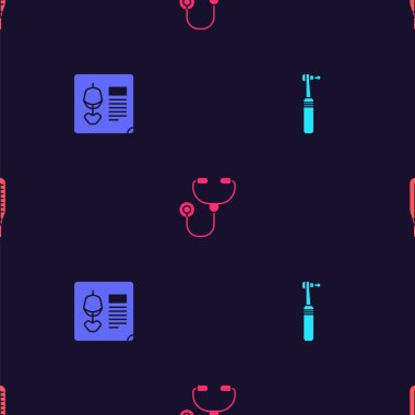 Diş matkabını, röntgen çekimini, steteskop ve termometreyi kusursuz desene ayarlayın. Vektör.