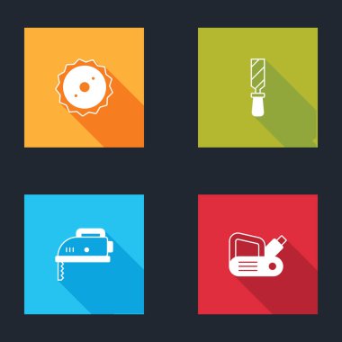 Dairesel testere bıçağı, Rasp metal dosyası, elektrikli yapboz ve planer araç simgesini ayarla. Vektör.