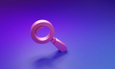 Mor-mavi arka planda izole edilmiş pembe büyüteç simgesi. Arama, odaklanma, yakınlaştırma, iş sembolü. Minimalizm kavramı. 3 Boyutlu resimleme.