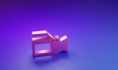 Mor-mavi arkaplanda izole edilmiş pembe sinema kamera ikonu. Video kamera. Film tabelası. Film projektörü. Minimalizm kavramı. 3 Boyutlu resimleme.