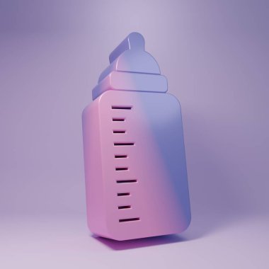 Mor bebek ikonu, mor arka planda izole edilmiş. Beslenme şişesi simgesi. Süt şişesi tabelası. Minimalizm kavramı. 3 Boyutlu resimleme.
