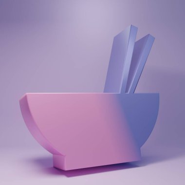 Mor Bowl, Asya yemeği ve mor arka planda izole edilmiş yemek çubuğu silueti ikonu. Hazırlık kavramı, doğu diyeti. Minimalizm kavramı. 3 Boyutlu resimleme.