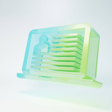 Beyaz zemin üzerinde özgeçmiş simgesi olan buzlu cam dizüstü bilgisayar. Özgeçmiş başvurusu. Profesyonel personel aranıyor. Personel analizi devam ediyor. Minimalizm kavramı. 3 Boyutlu resimleme.