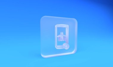 Cep telefonu simgesindeki buzlu cam uçuş modu mavi arkaplanda izole edildi. Uçak ya da uçak çevrimdışı mod yolcu tüzüğü havayolu. Kare buzlu cam düğme. 3 Boyutlu resimleme.