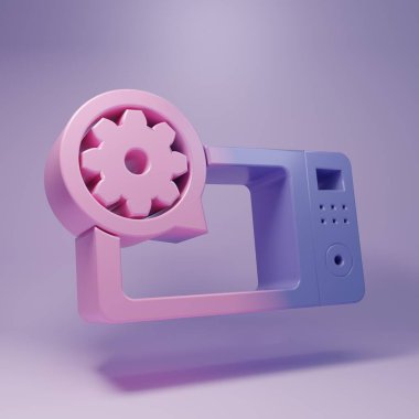 Mor mikrodalga fırın ve mor arka planda izole edilmiş dişli ikonu. Uygulama, servis konsepti, ayar seçenekleri, bakım, onarım, onarım. Minimalizm kavramı. 3 Boyutlu resimleme.