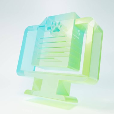 Beyaz arka planda izole edilmiş monitör ikonundaki buzlu cam tıbbi kayıt evcil hayvanı. Sağlık sigortası formu. Reçete, tıbbi kontrol işaretleri raporu. Minimalizm kavramı. 3 Boyutlu resimleme.