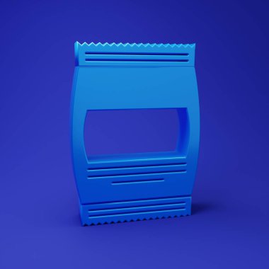 Mavi arka planda mavi yiyecek ikonu var. Hayvanlar için yiyecek. Hayvan maması paketi. Minimalizm kavramı. 3 Boyutlu resimleme.