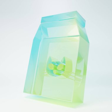 Beyaz arka planda izole edilmiş kedi ikonu için buzlu cam yiyecek torbası. Hayvanlar için yiyecek. Hayvan maması paketi. Minimalizm kavramı. 3 Boyutlu resimleme.